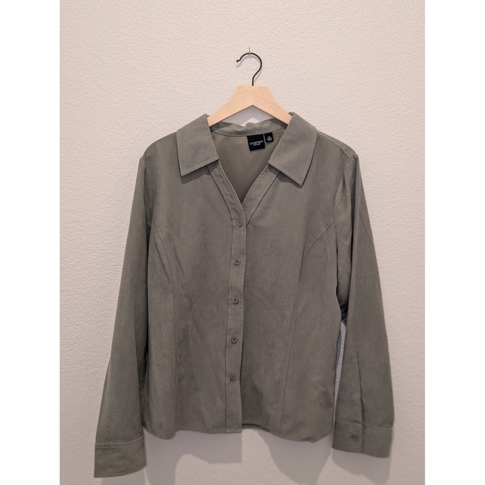 Sonoma Goods for Life Womens Faux Suede Button Down Shirt Sage Green XL